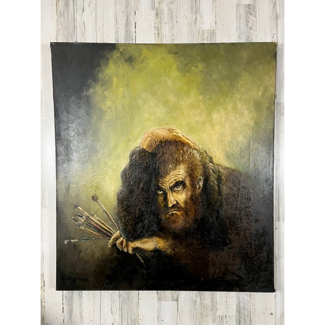 Very rustic canvas on a wood frame painting of a man seemingly frustrated with his own work, signed l. Chapman.