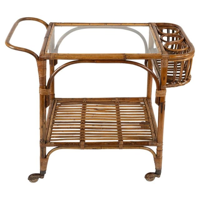 Mid-Century Bamboo, Rattan and Glass Serving Bar Cart in the style of Franco Albini, Italy, 1960s For Sale - Image 18 of 18