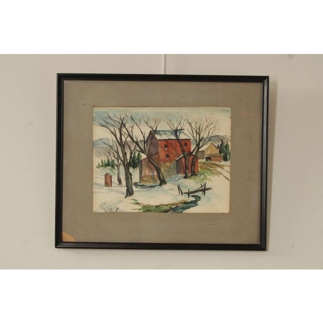 Quality Custom Framed Original Watercolor Painting of Farm Shrouded in Snow, by Deane Uptegrove (American, 1921-1985),...
