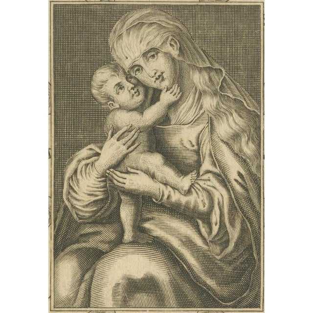 Virgin Mary with Child, Baroque Devotional Engraving, Penzinger, c.1700 This refined Baroque devotional engraving depicts...