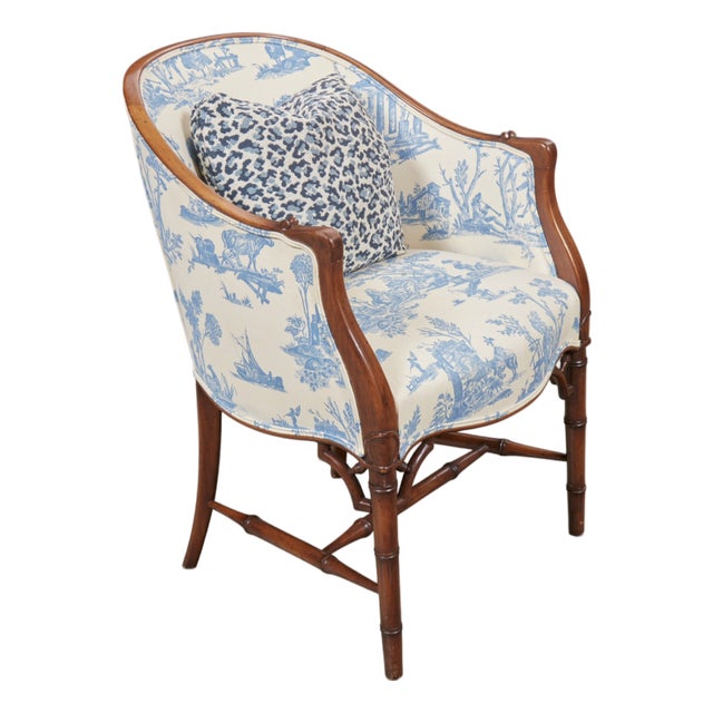 Blue & Cream Toile Faux Bamboo Walnut Bergère Chair, Georgian Style, Mid-20th Century For Sale