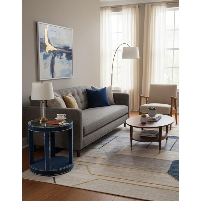 Hollywood Regency Blue Velvet & Brass Studded Side Table For Sale - Image 4 of 5