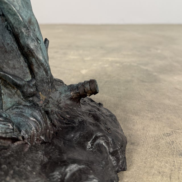 Bronze Frog Fountain Sculpture, 30” Tall, Verdigris Garden Water Feature For Sale - Image 13 of 14