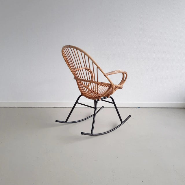 Rattan & Metal Rocking Chair from Rohé Noordwolde, 1960s For Sale - Image 4 of 8