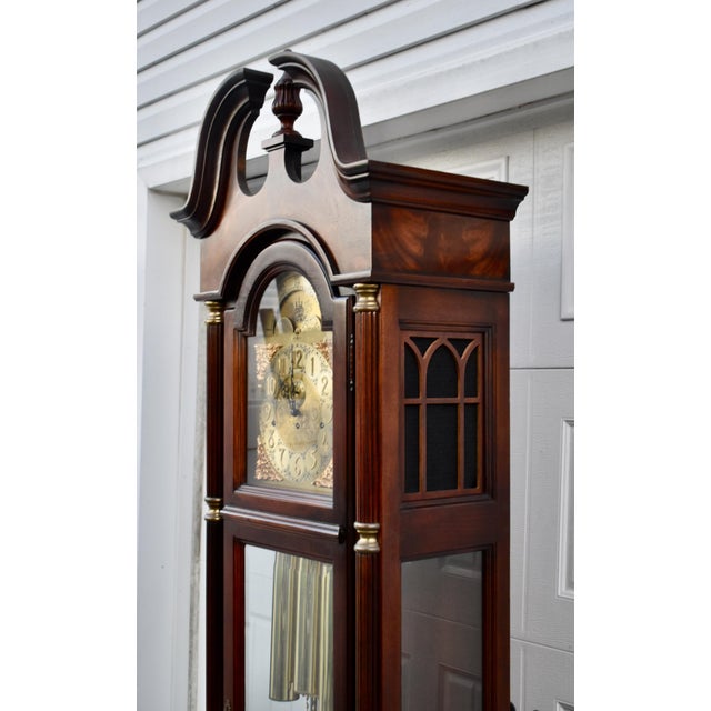 Howard Miller Mahogany Grandfather Clock Triple Chime Mechanical Floor Clock 80s For Sale In Philadelphia - Image 6 of 16