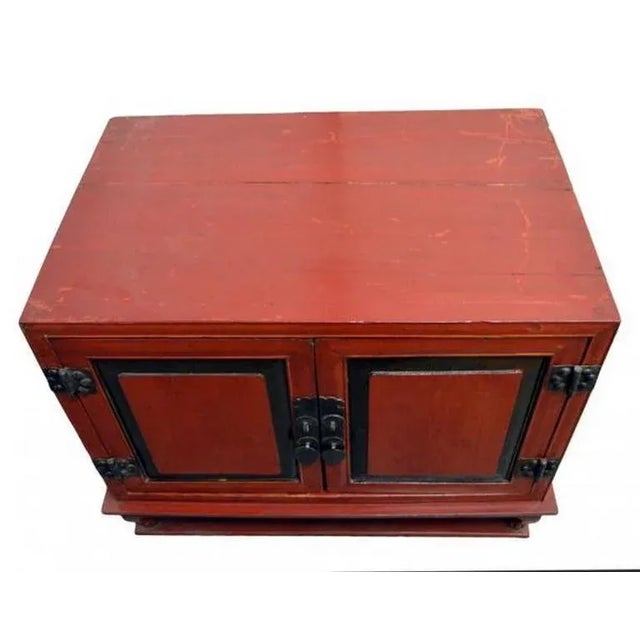 Mid 19th Century Antique Red Lacquer Bedside Cabinet With Hardware From Mid 19th Century China For Sale - Image 5 of 8