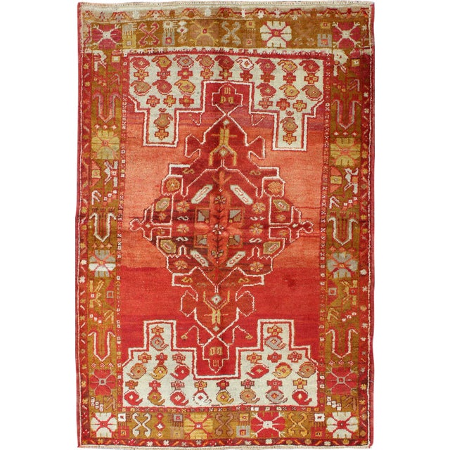 Colorful Antique Turkish Oushak With Red, Rose, Ivory, Yellow-Green & Yellow For Sale