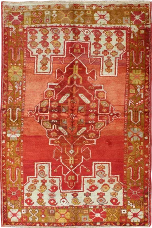 Colorful Antique Turkish Oushak With Red, Rose, Ivory, Yellow-Green & Yellow