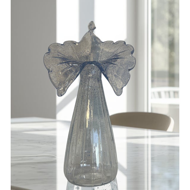 21 In. Tall Art Glass Clear Fluted Confetti Blue Speckled Flower Shaped Vase For Sale - Image 15 of 17