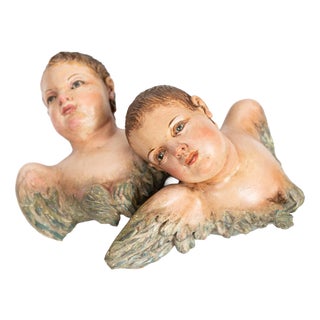 Antique Polychrome Wooden Winged Cherubs, Naples, 1800s, Set of 2 For Sale