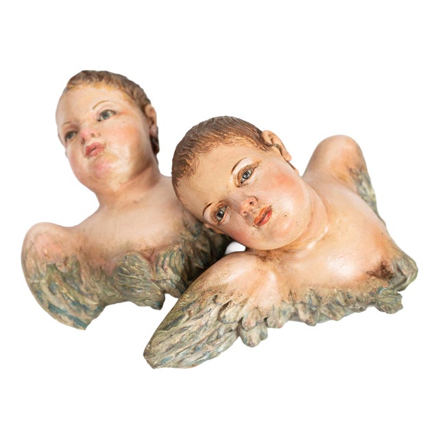 Antique Polychrome Wooden Winged Cherubs, Naples, 1800s, Set of 2 For Sale