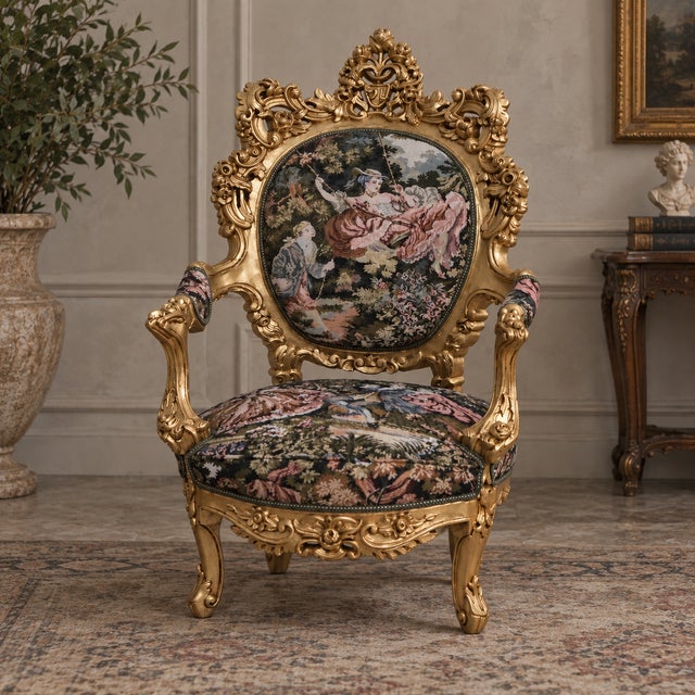 Bring dramatic European elegance to your interior with this opulent French Rococo-style armchair, featuring an...