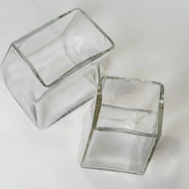 Pair of architectural, clear glass vases by Barbini. Signed.