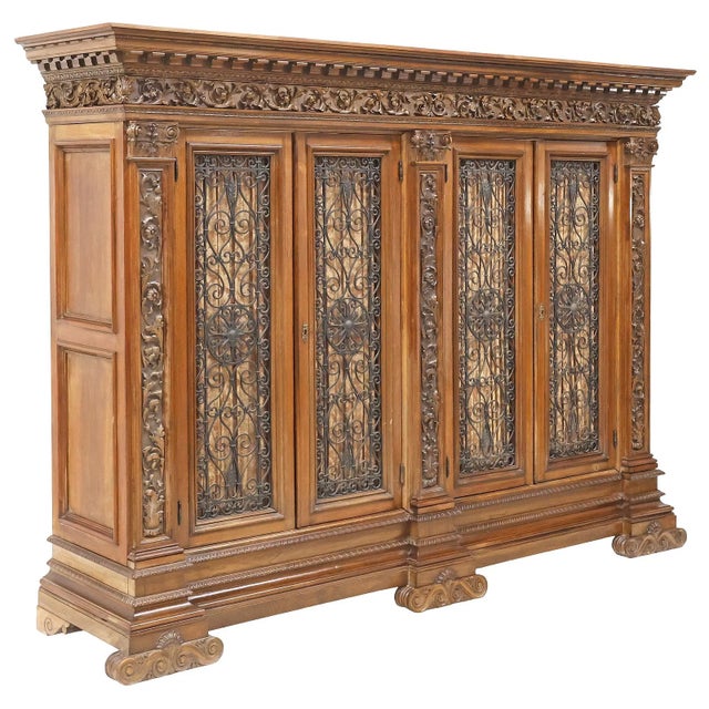 Antique Bookcase,Italian Renaissance Revival, Carved Walnut, Iron Doors, C. 1900 For Sale - Image 4 of 6