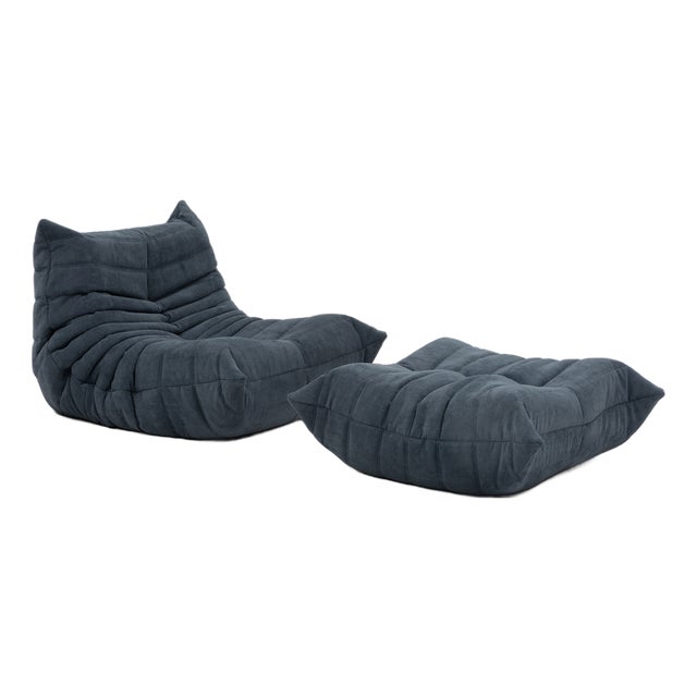 Togo Lounge Chair and Pouf in Grey Corduroy by Michel Ducaroy for Ligne Roset, 1973, Set of 2 For Sale
