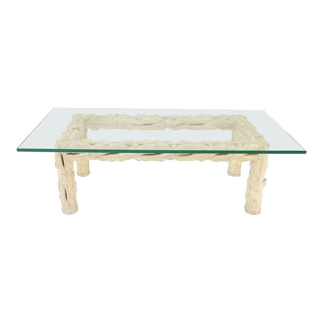 Heavy Carved Twig Motive White Pickled Finish Oak Base Rectangle 3/4" Glass Top For Sale