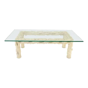 Heavy Carved Twig Motive White Pickled Finish Oak Base Rectangle 3/4" Glass Top