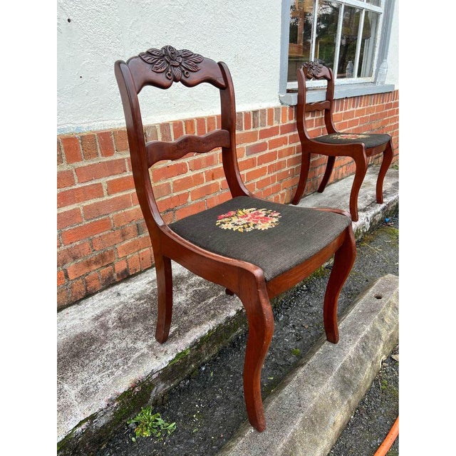 Vintage Federal Style Mahogany Carved Rose Back Needlepoint Seat Dining Chairs, Circa 1940s - Set of 6 For Sale - Image 10 of 10
