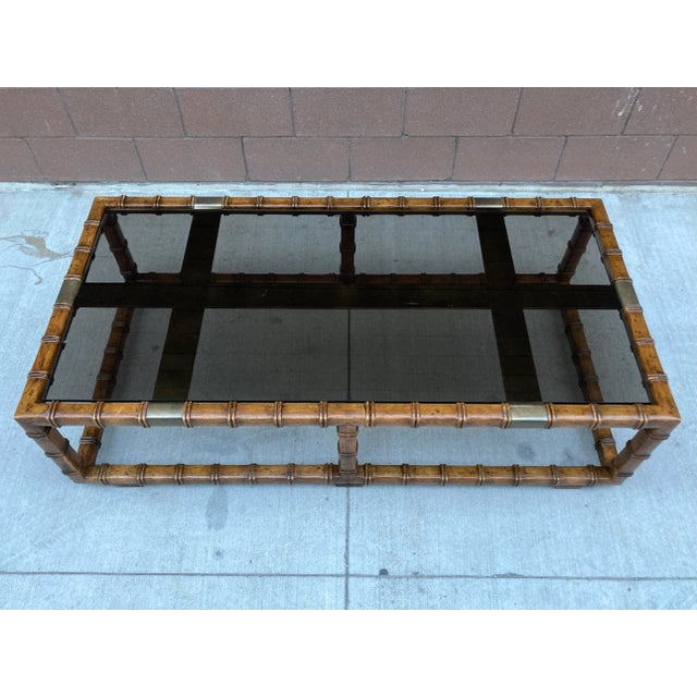 Mid 20th Century Drexel Faux Bamboo Brass & Smoked Glass In-Set Coffee Table For Sale - Image 9 of 13