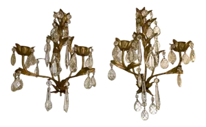 Crystal and Painted Gold Leaf 2 Arms Candle Sconces - a Pair