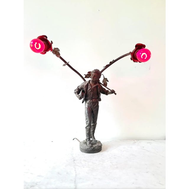 Metal Vintage Art Nouveau Bronze Spelter Sculptured Table Lamp - Made in France For Sale - Image 7 of 11