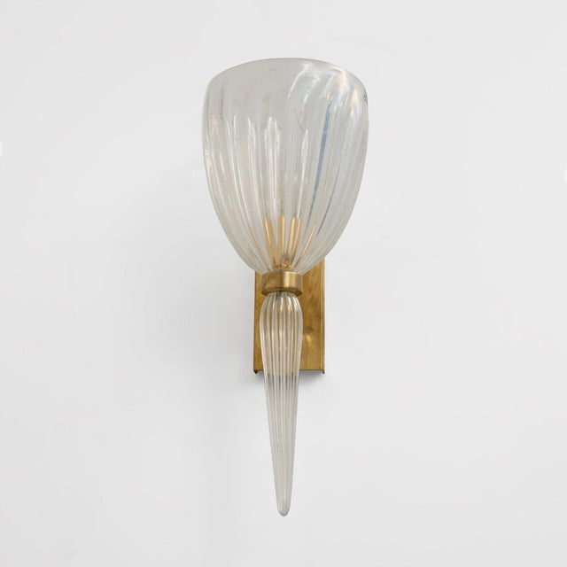 Italian Murano Iridescent Glass and Brass Wall Sconces, 1990, Set of 2 For Sale - Image 4 of 10