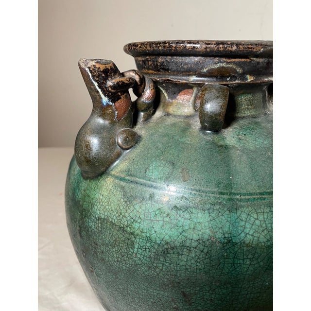 17th Century Antique Handmade Chinese Ming Dynasty Pottery Terracotta Green Glaze Wine Jug For Sale - Image 5 of 16
