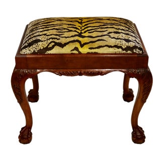 Vintage Georgian Hand Carved Mahogany Bench With Tiger Stripe Velvet Upholstery and Ball & Claw Feet For Sale