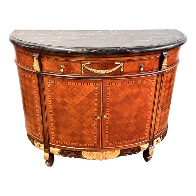 Antique French Style Inlaid Wood Carved Marble Top Demilune Server For Sale