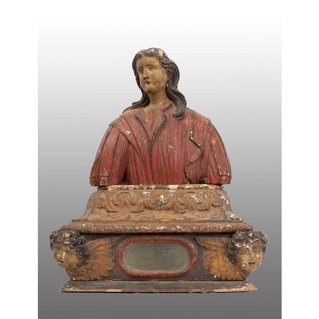 Antique Late 17th century Spanish Polychrome Wooden Reliquary Bust For Sale - Image 6 of 6