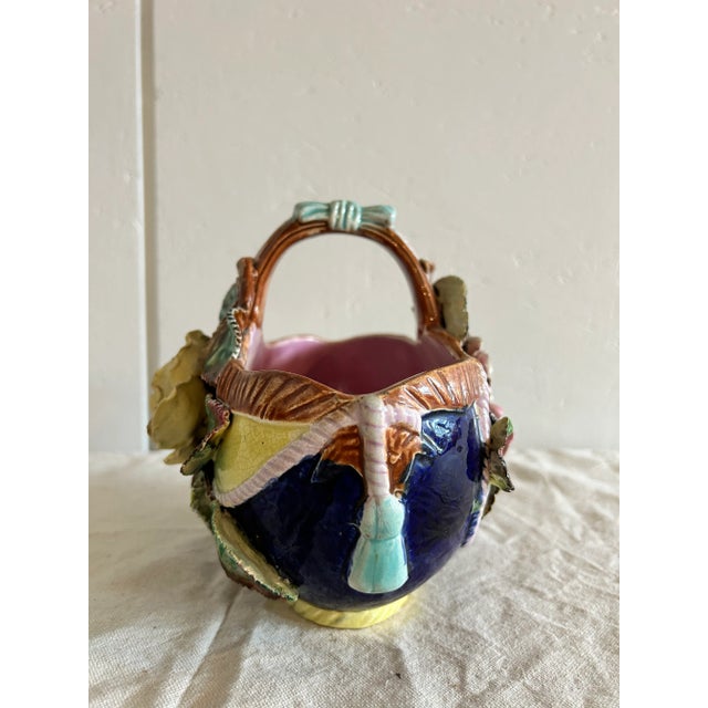 Blue Antique French Barbotine Majolica Basket Vase Applied Rose Vase For Sale - Image 8 of 12