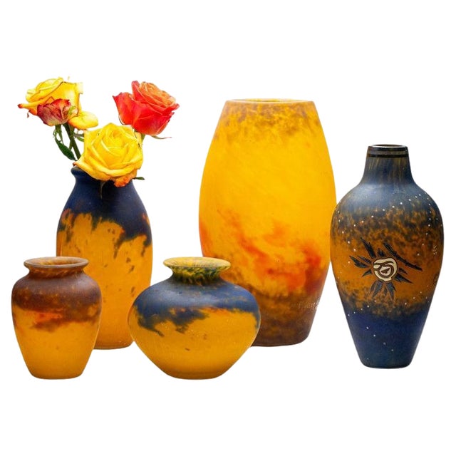 Vintage French Vases in Pate De Verre by Delatte and Muller Frères, 1930, Set of 5 For Sale