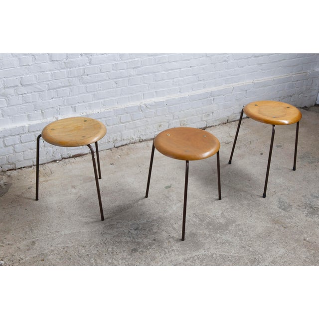 Fritz Hansen Vintage Tripod Dot Stools in Teak and Copper by Fritz Hansen, 1950s, Set of 3 For Sale - Image 4 of 15