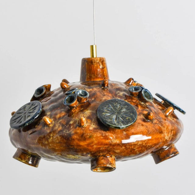 1970s Ceramic Cognac Blue Ceramic Pendant Light, Denmark, 1970 For Sale - Image 5 of 16