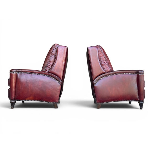 Oxblood Red Pair of Vintage English Wingback Recliners in Burgundy Oxblood Leather For Sale - Image 8 of 16