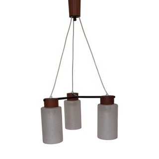 Mid-Century Ceiling Lamp with Black Metal Frame, Teak Mountings, and Glass Shades, 1960s For Sale