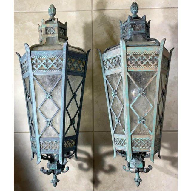 1980s Large Pair of Handcrafted Wall-Mounted Solid Brass Lanterns / Sconces For Sale - Image 18 of 18