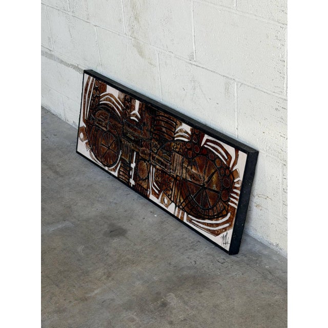 Striking vintage Danish modern wall art panel featuring an abstract brutalist-inspired composition in rich earthy brown,...