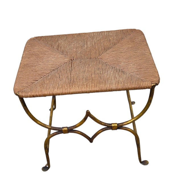 Antique Italian Regency Foot Stool Bench Gold Gilt Wrought Iron Rush Seat For Sale - Image 12 of 12