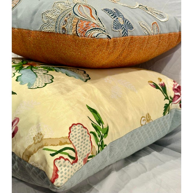 Pair of Custom Designer Throw Pillows – Colefax & Fowler Crewel & Brunschwig & Fils Moiré Silk For Sale - Image 9 of 12
