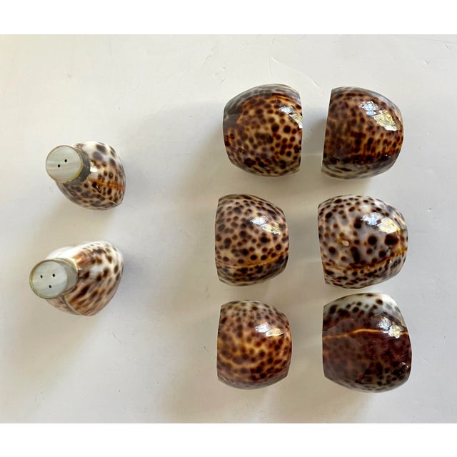 Vintage Tiger Cowrie Shell Salt/Pepper and Napkin Rings Set - Set of 8 For Sale In Los Angeles - Image 6 of 11