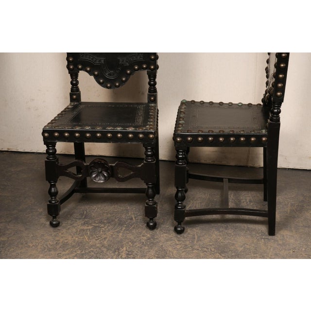 Mid 20th Century Set of 8 Spanish Leather & Carved Wood Chairs With Nailhead Trim For Sale In Atlanta - Image 6 of 12