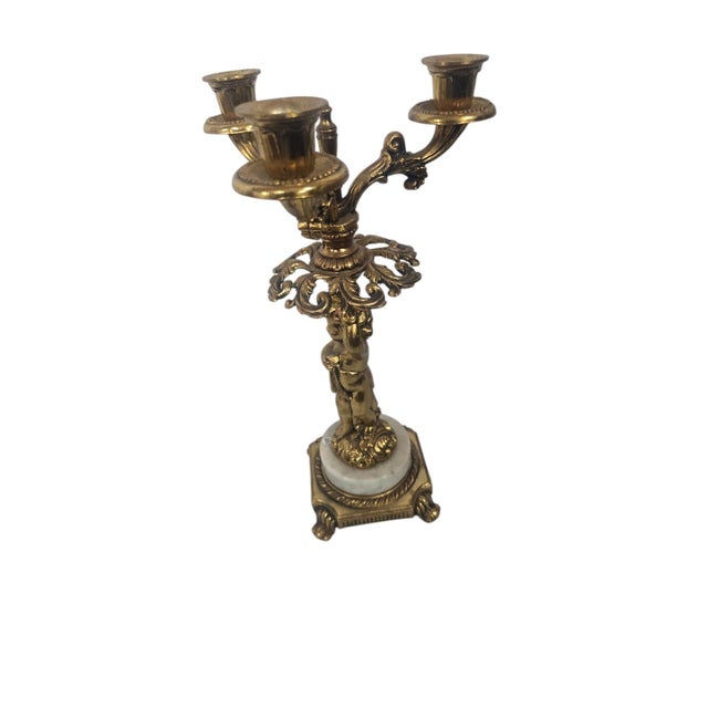 Brass Pair of Vintage French Rococo-Style Figural Three-Light Candelabras With Marble Bases For Sale - Image 8 of 8