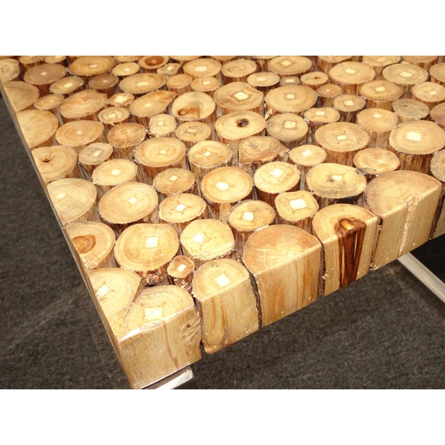 Contemporary Modern Wood Slice Side End Table W Chrome Base For Sale - Image 9 of 12