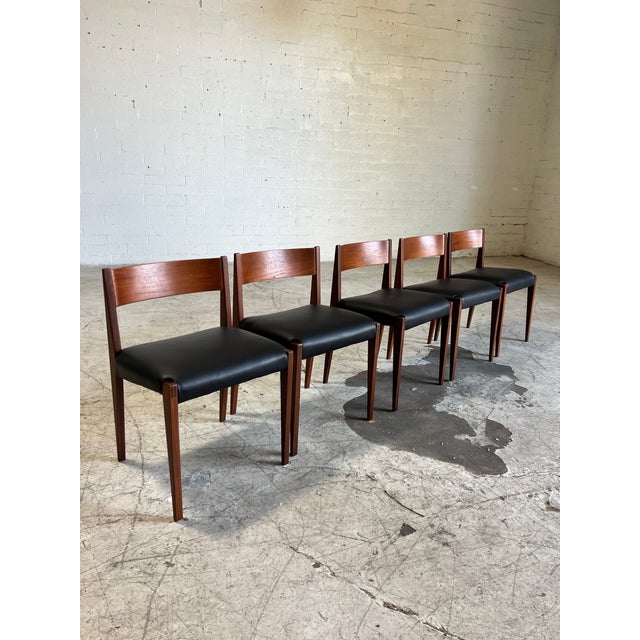 Mid Century Danish Teak and Black Leather Dining Chairs - Set of 5 For Sale - Image 4 of 6
