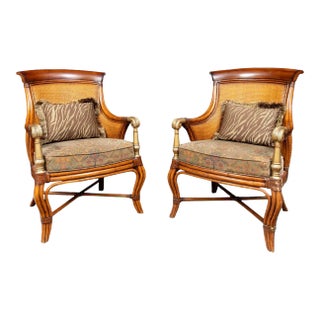 A Beautiful Pair of Mid 20th Century Vintage Ethan Allen Design Bermuda Rattan Armchairs With Carved Detailsetails For Sale