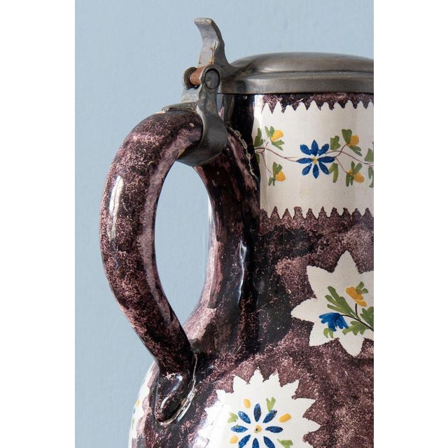 Manganese Floral Pewter Mounted Jug from Brussels Faience, 1700s For Sale - Image 9 of 11