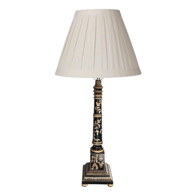 Chinoiserie, Hand Painted Directoire / Candlestick Black and Gilt / Gold, Ebonized Tole / Toleware Style Table Lamp For Sale