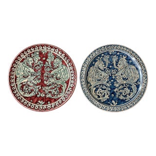 1950s Pair of Hand-Painted Italian Ceramiche Biagioli Gubbio Dragon Wall Chargers For Sale