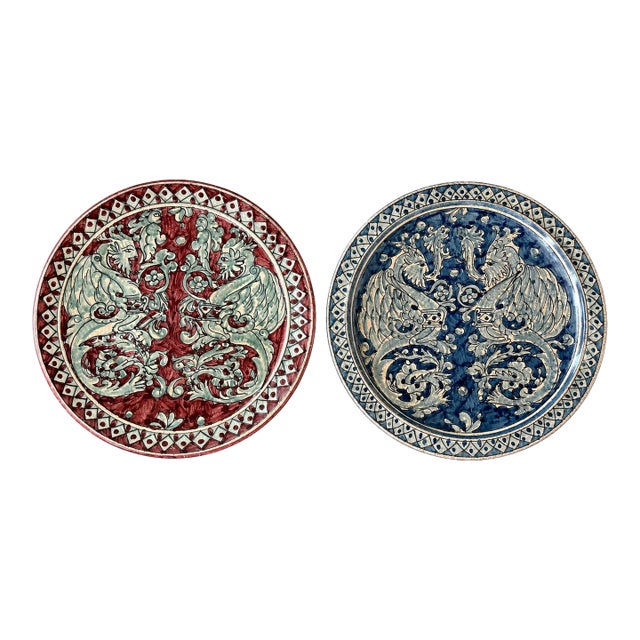 1950s Pair of Hand-Painted Italian Ceramiche Biagioli Gubbio Dragon Wall Chargers For Sale
